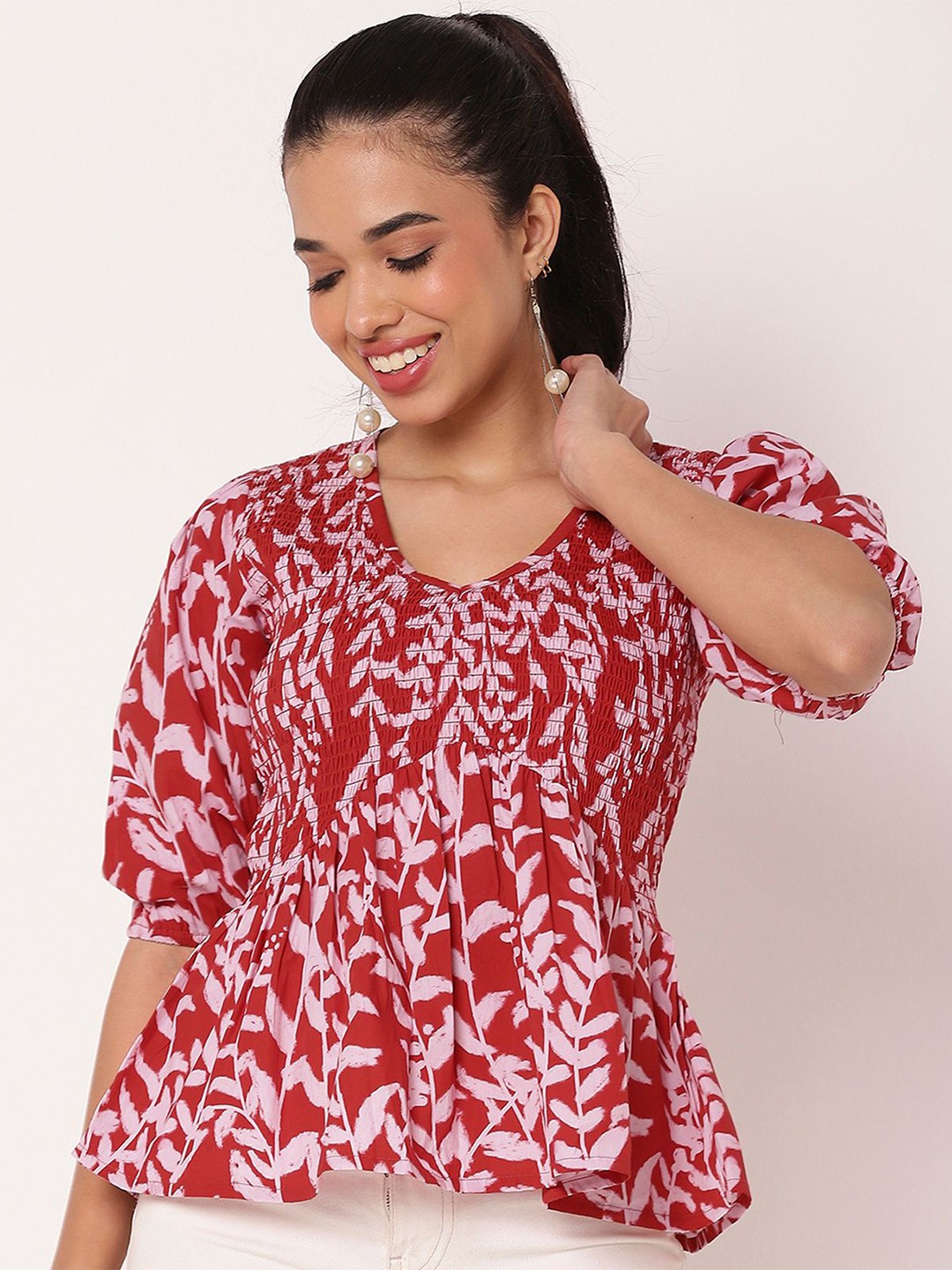 

Moomaya Women Tropical Printed Cotton Peplum Top, Red