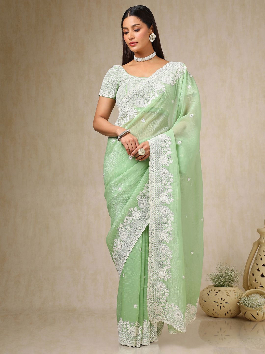 

Soch Ethnic Motifs Beads and Stones Organza Saree, Green