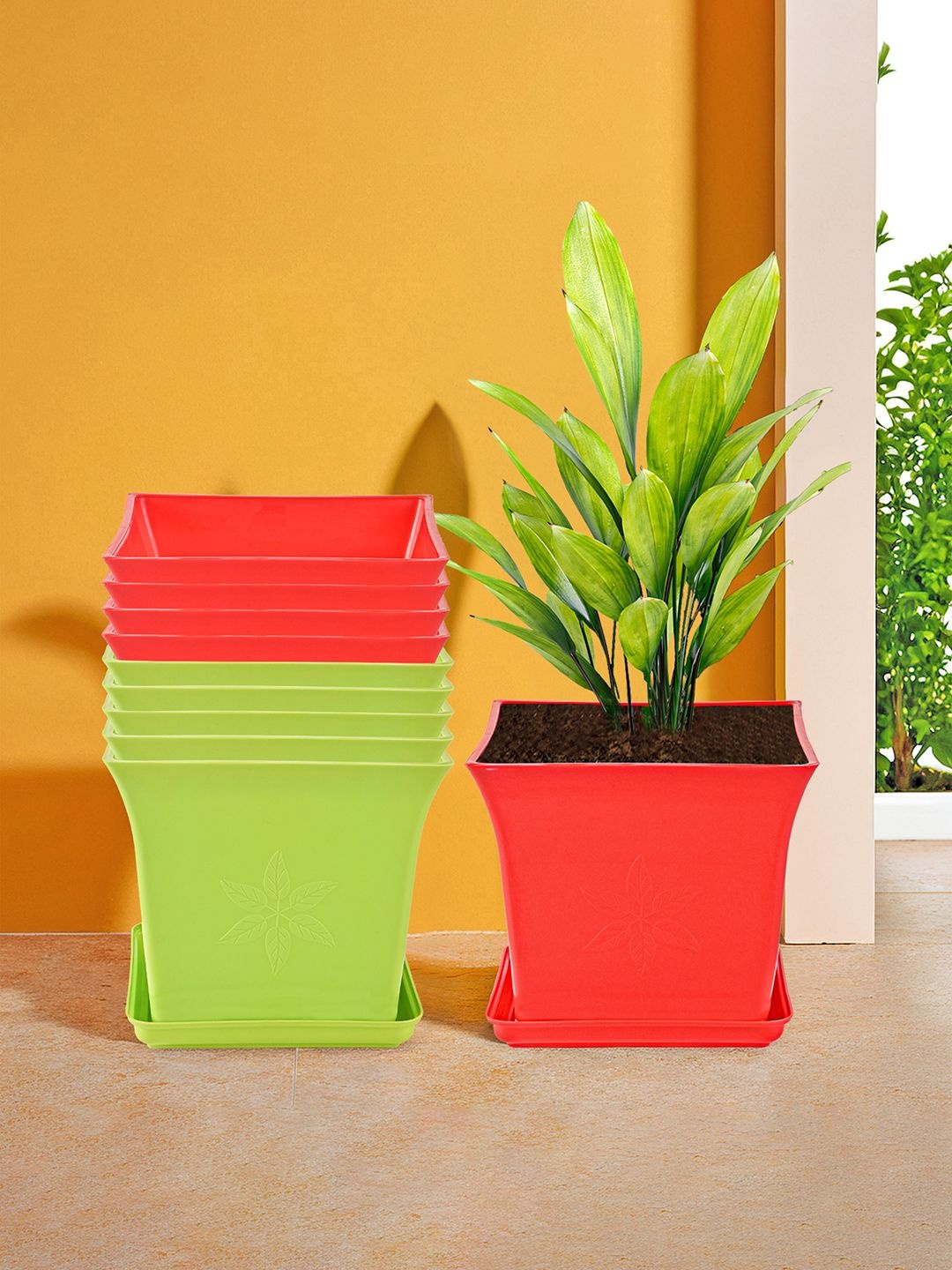 

Kuber Industries 10 Pieces Red & Green Premium Flower Pots for Garden with Bottom Plates