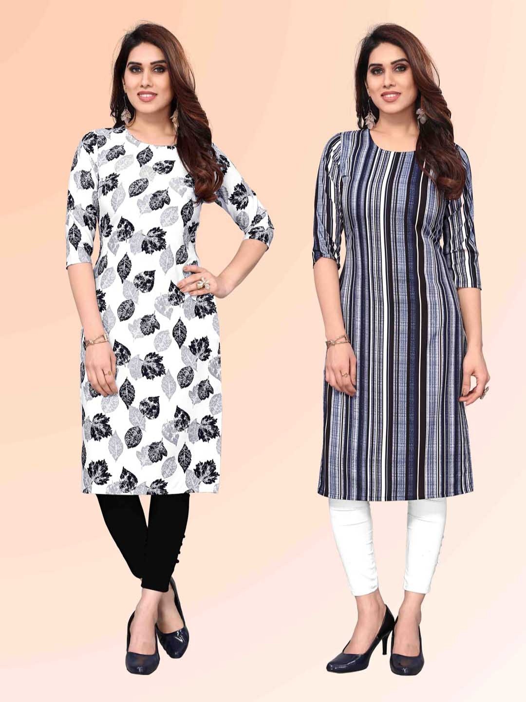 

KETAKI FASHION Selection Of 2 Floral Printed Round Neck Straight Kurtas, Black