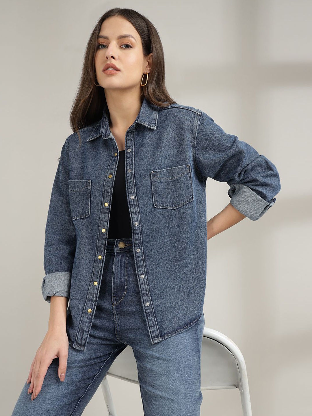 

Xpose Women Comfort Fit Spread Collar Solid Denim Shirt, Navy blue