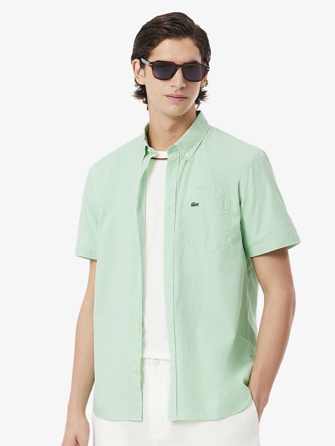 

Lacoste Men Button-Down Collar Micro Checked Cotton Casual Shirt, Green