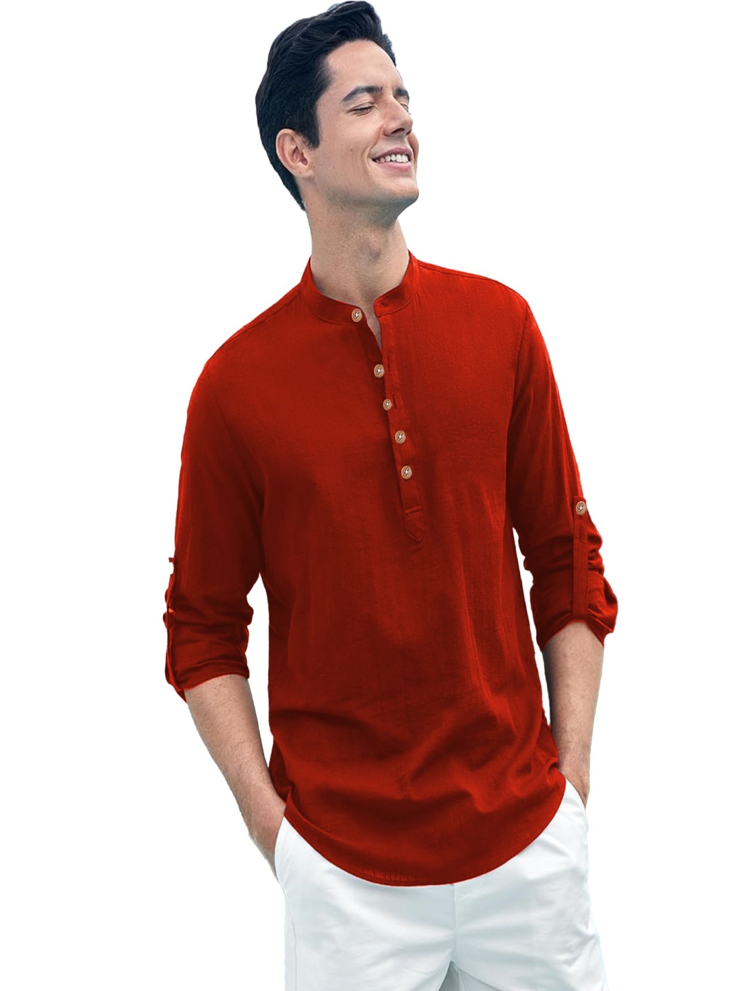 

EdinWolf Mandarin Collar Pure Cotton Straight Kurta, Red