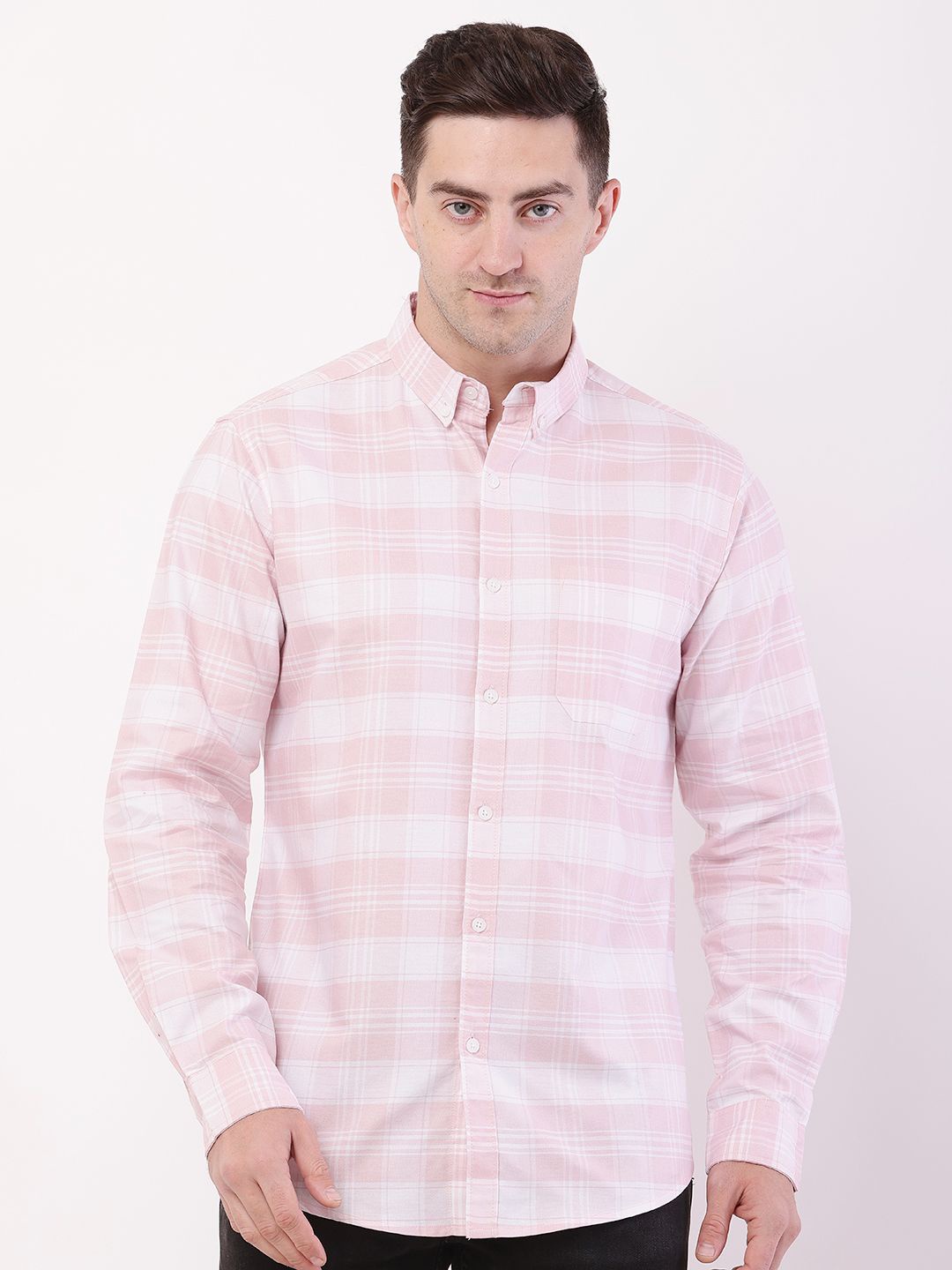 

HERE&NOW Men Comfort Fit Button-Down Collar Tartan Checked Cotton Casual Shirt, Pink