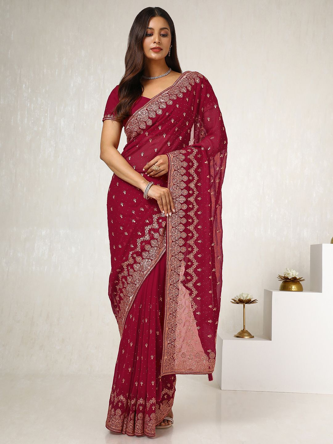 

Soch Floral Beads and Stones Poly Georgette Saree, Maroon