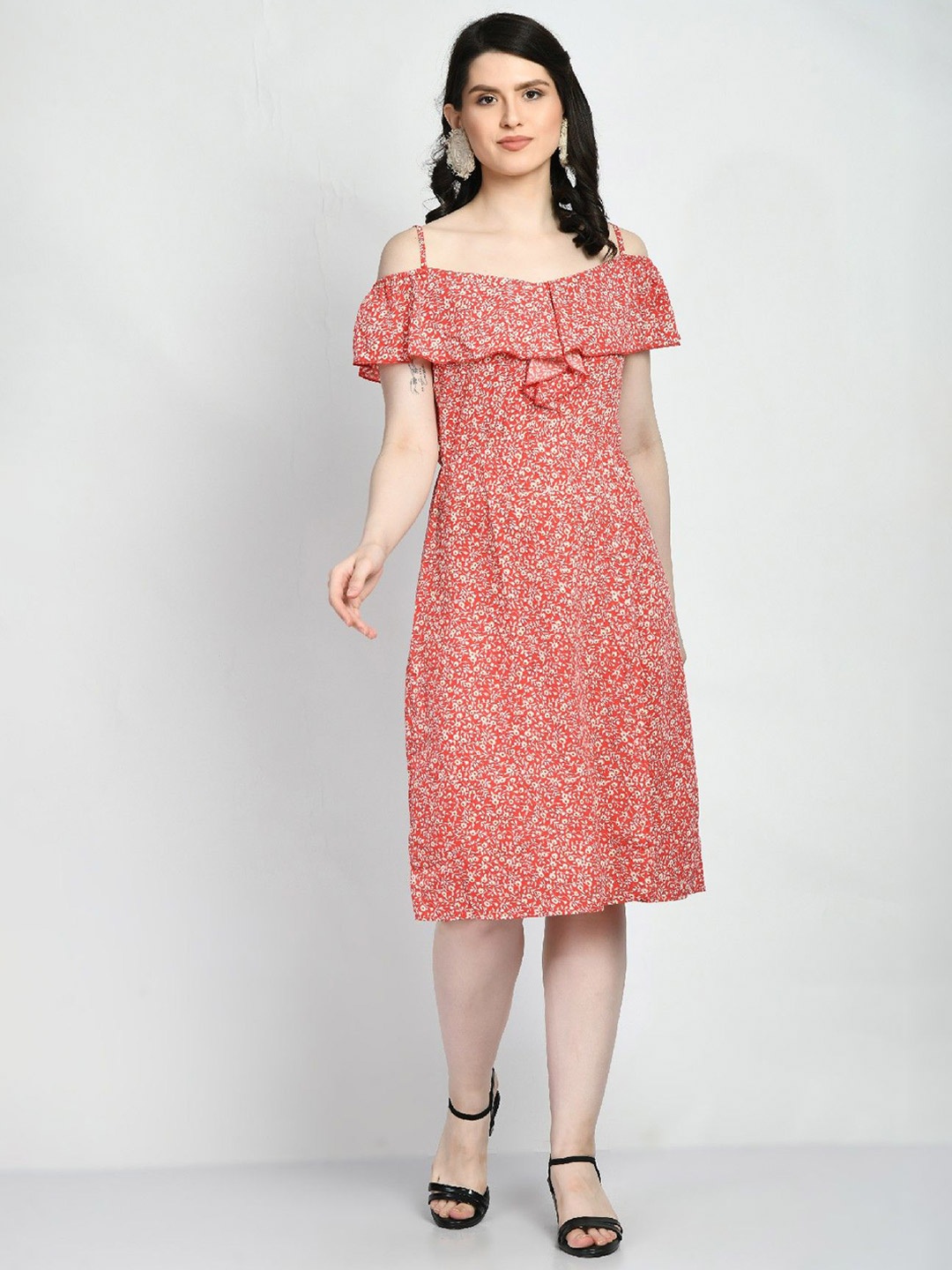 

COATTIRE Floral Print Off-Shoulder Crepe A-Line Dress, Red