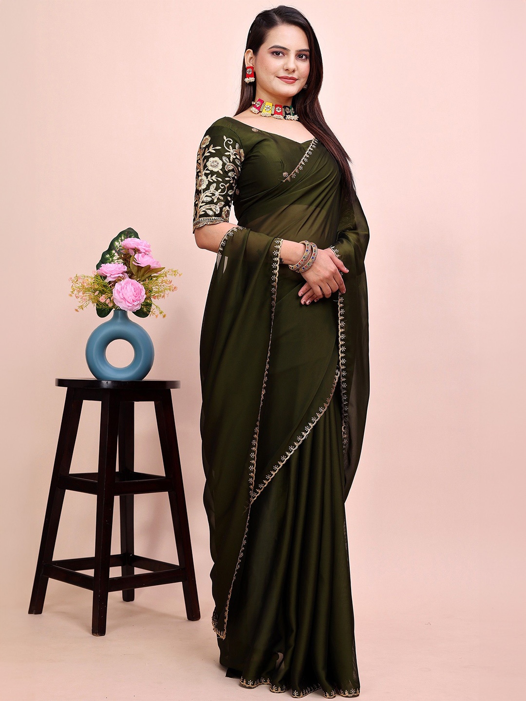 

K 5 Fashion Embroidered Pure Chiffon Saree, Green