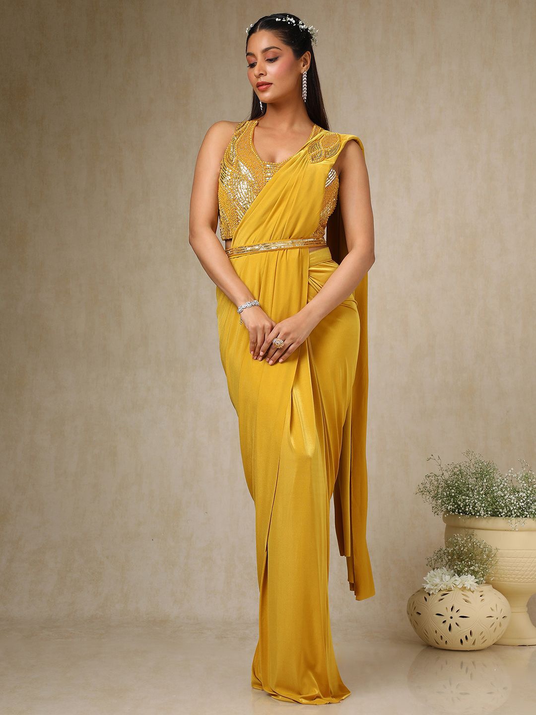 

Soch Sequinned Ready to Wear Saree, Mustard