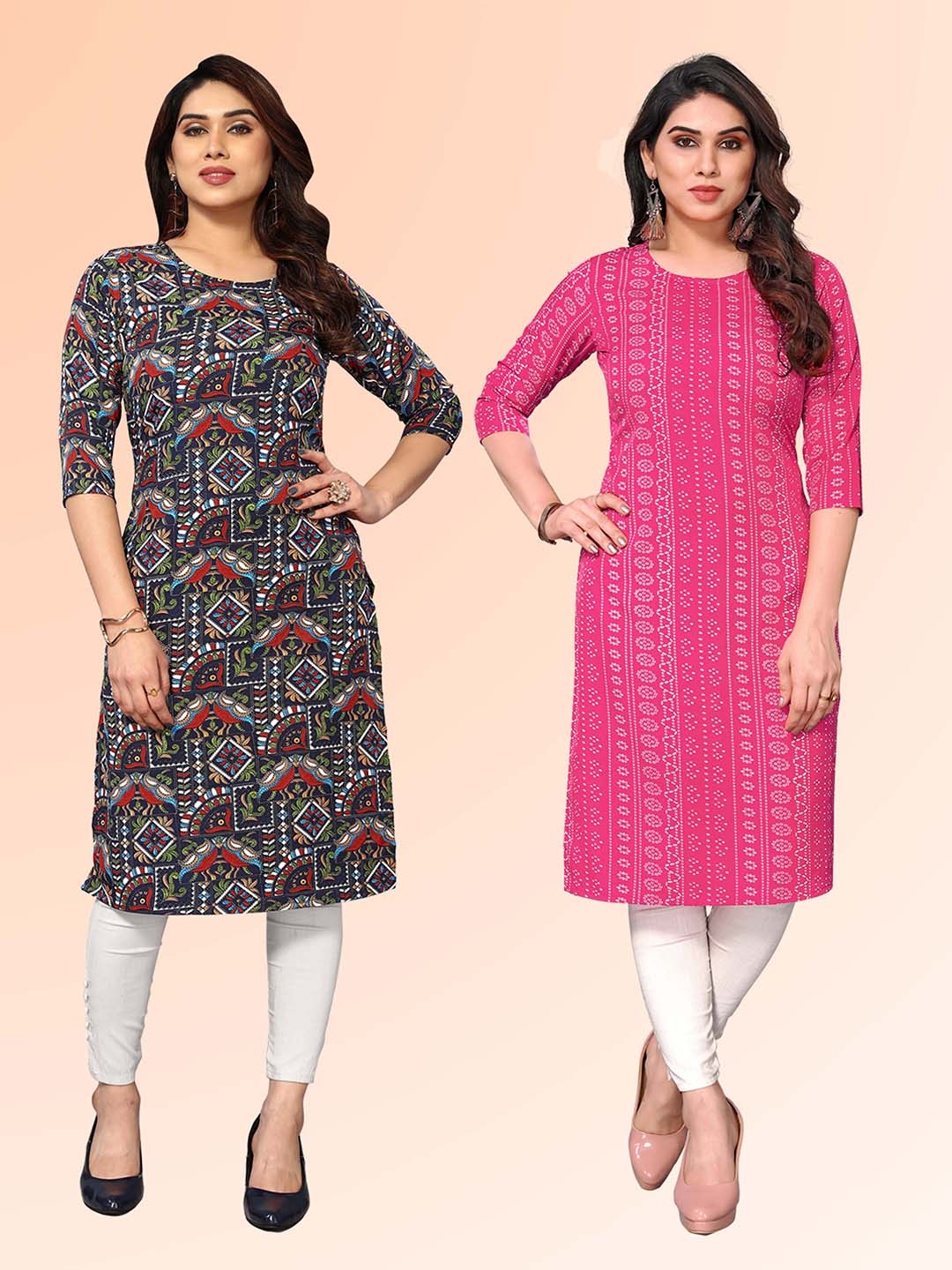 

KETAKI FASHION Selection Of 2 Ethnic Motifs Printed Round Neck Straight Kurtas, Blue