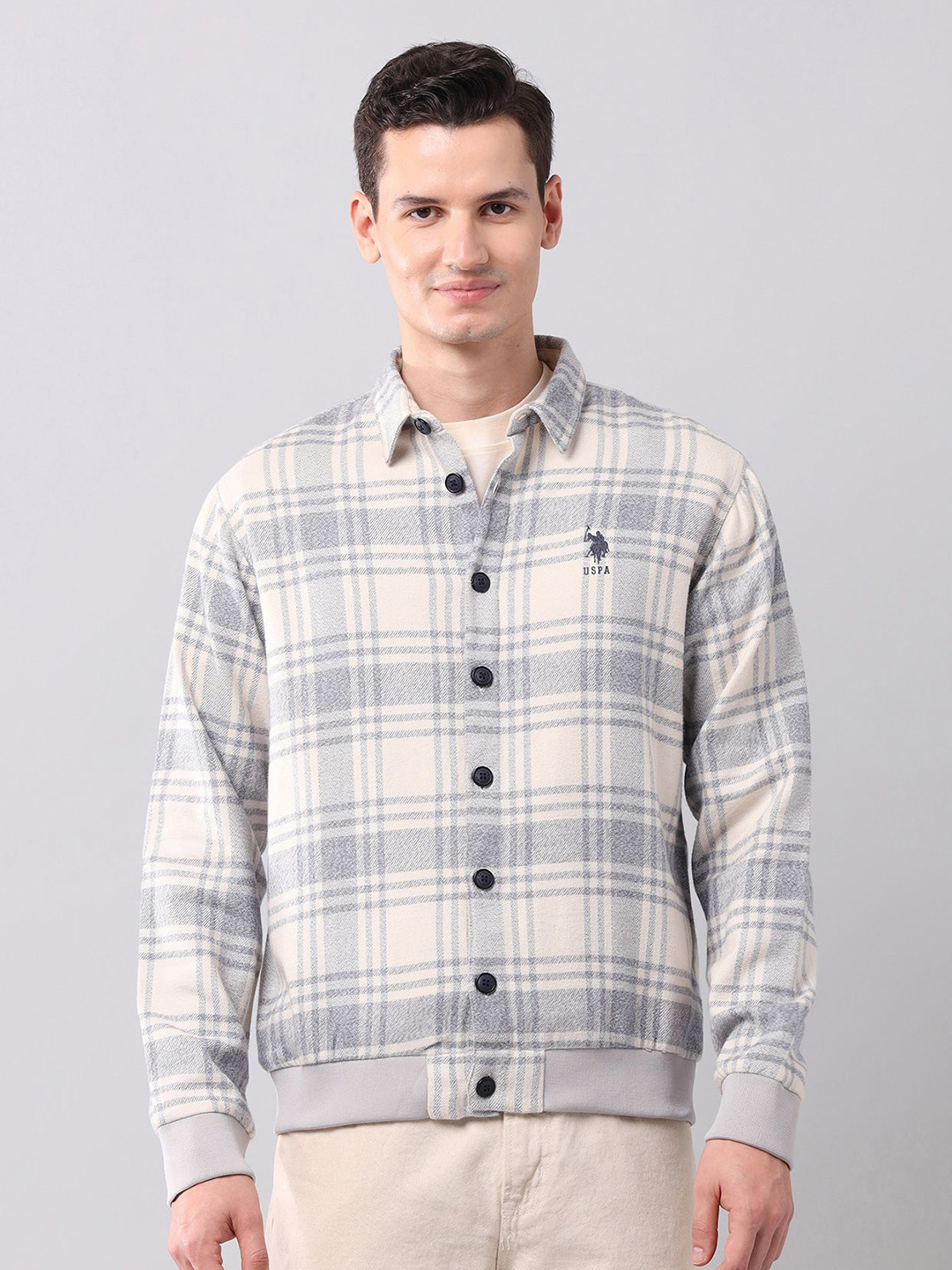 

U.S. Polo Assn. Denim Co. Men Checked Shirt Collar Cotton Casual Sweatshirt, Off white