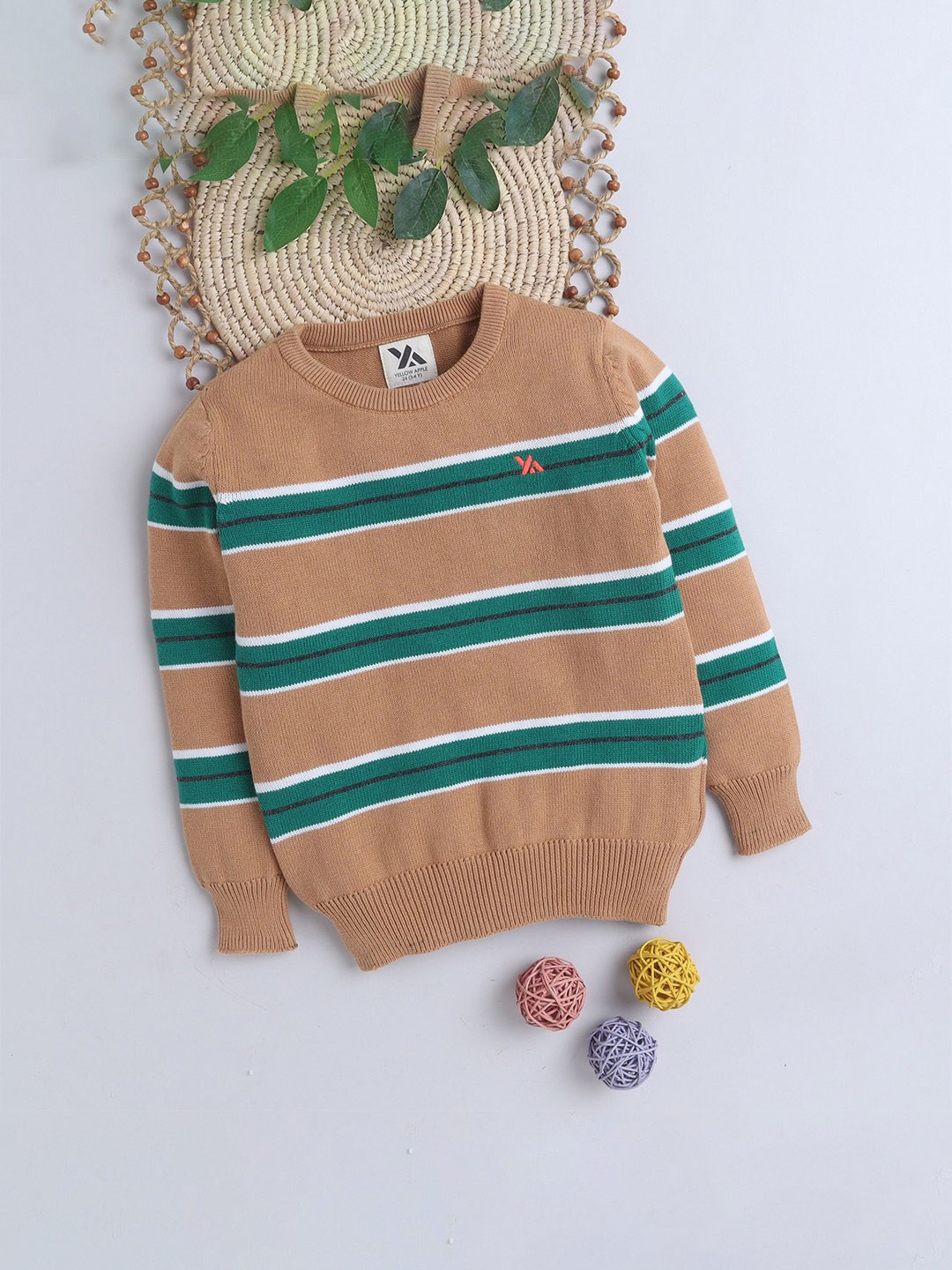 

Yellow Apple Boys Striped Woollen Pullover, Beige
