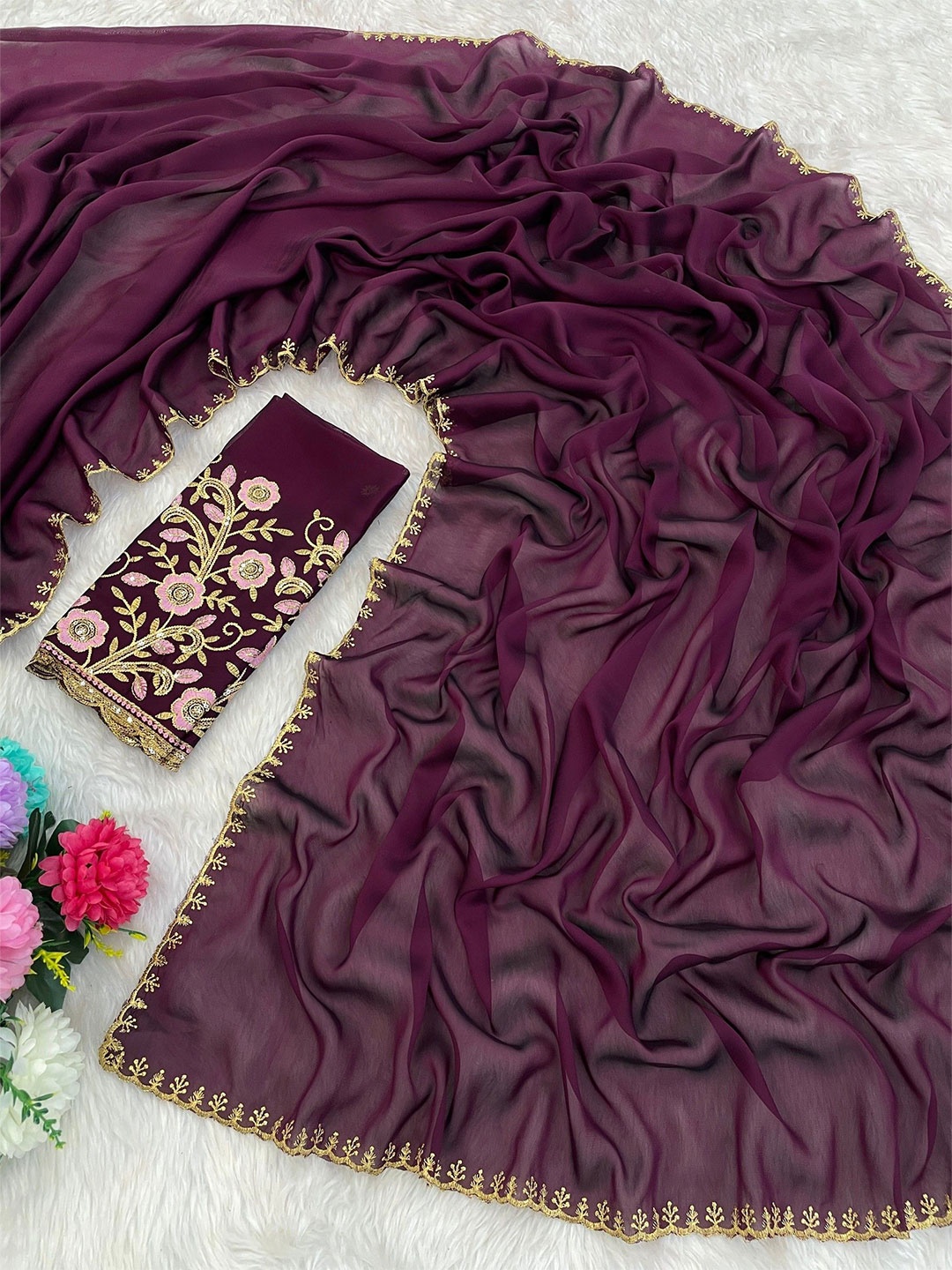 

K 5 Fashion Embroidered Pure Chiffon Saree, Purple