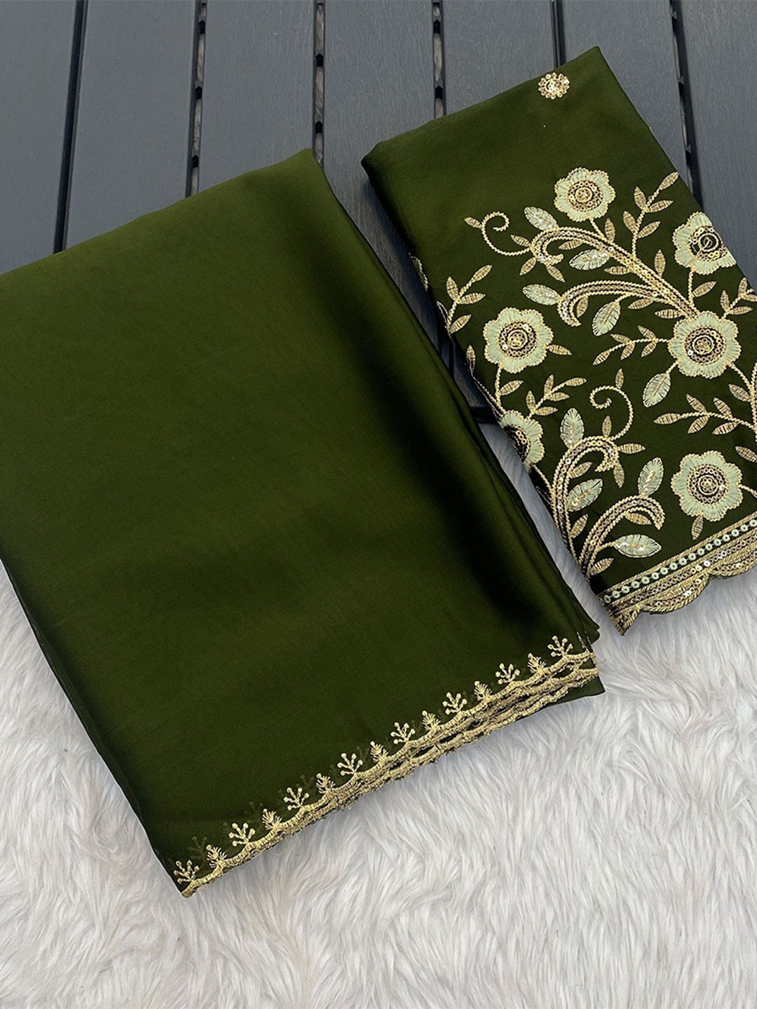 

K 5 Fashion Embroidered Pure Chiffon Saree, Green