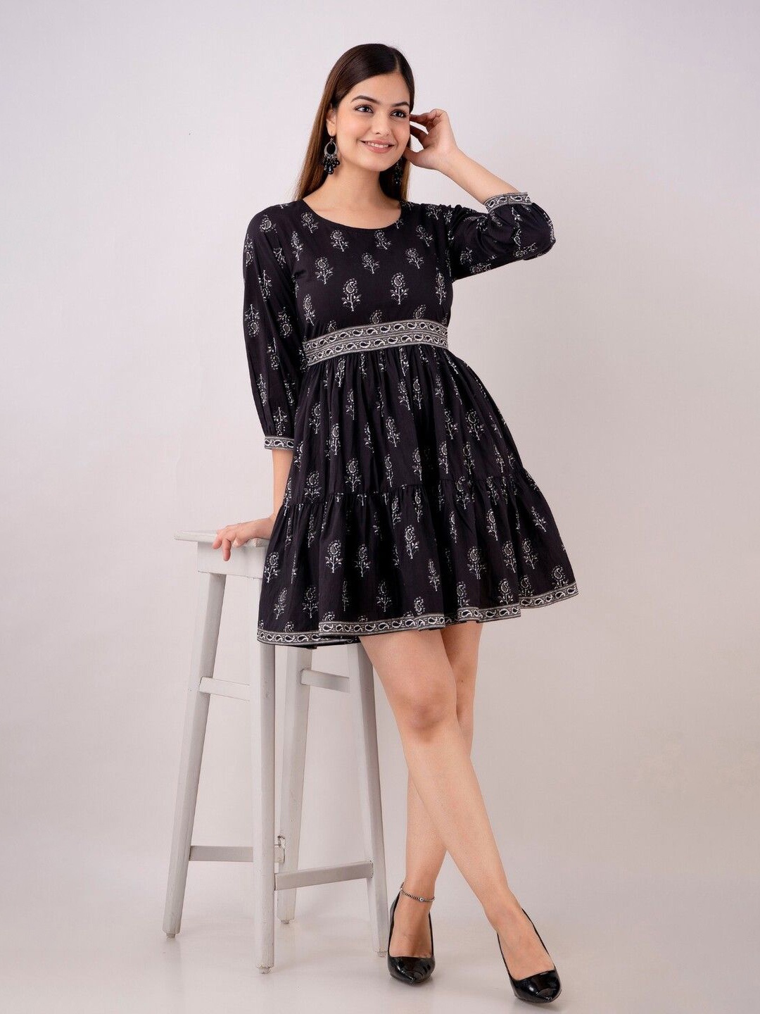 

MERAAKI FASHION Women Floral Printed Fit & Flare Mini Dress, Black