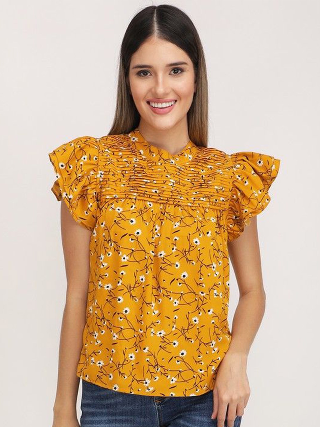 

JAKANARY Floral Print Flutter Sleeve Georgette Top, Yellow