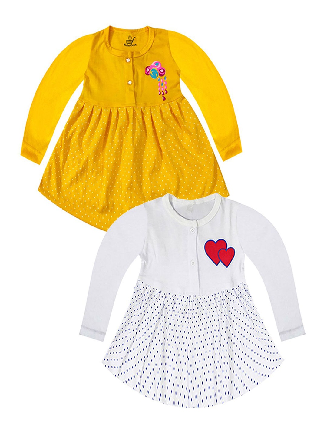 

KidzzCart Girls Pack Of 2 Polka Dot Printed Cotton Fit & Flare Dress, Yellow