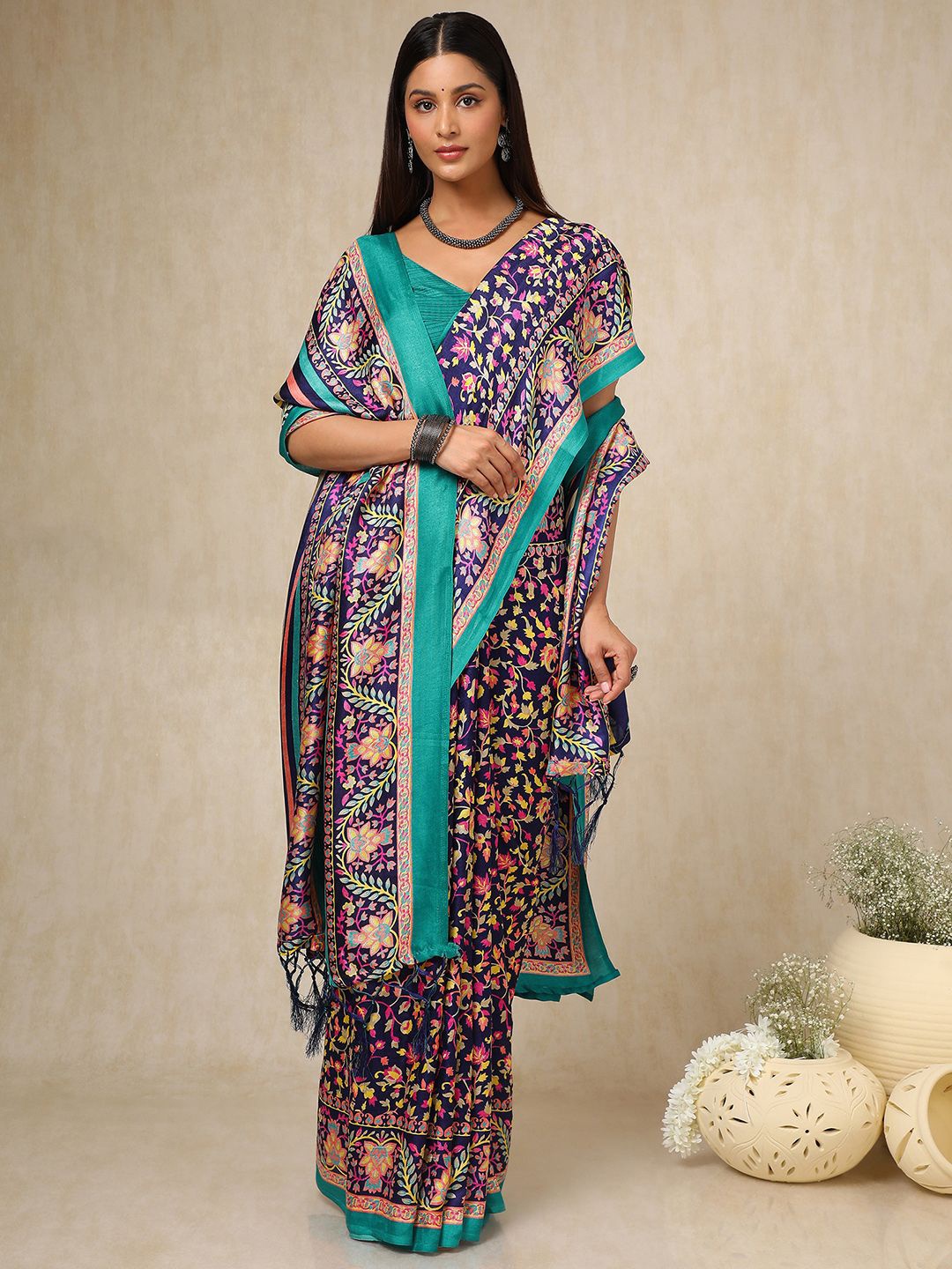 

Soch Floral Pashmina Saree, Navy blue