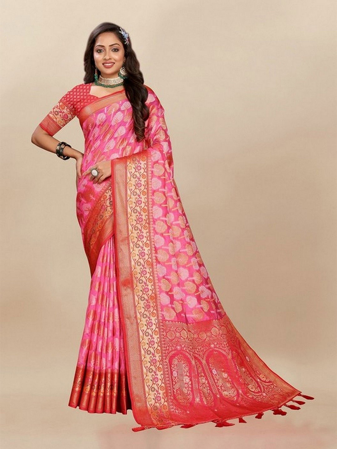 

VARNI FABRICS Woven Design Zari Pure Silk Banarasi Saree, Peach