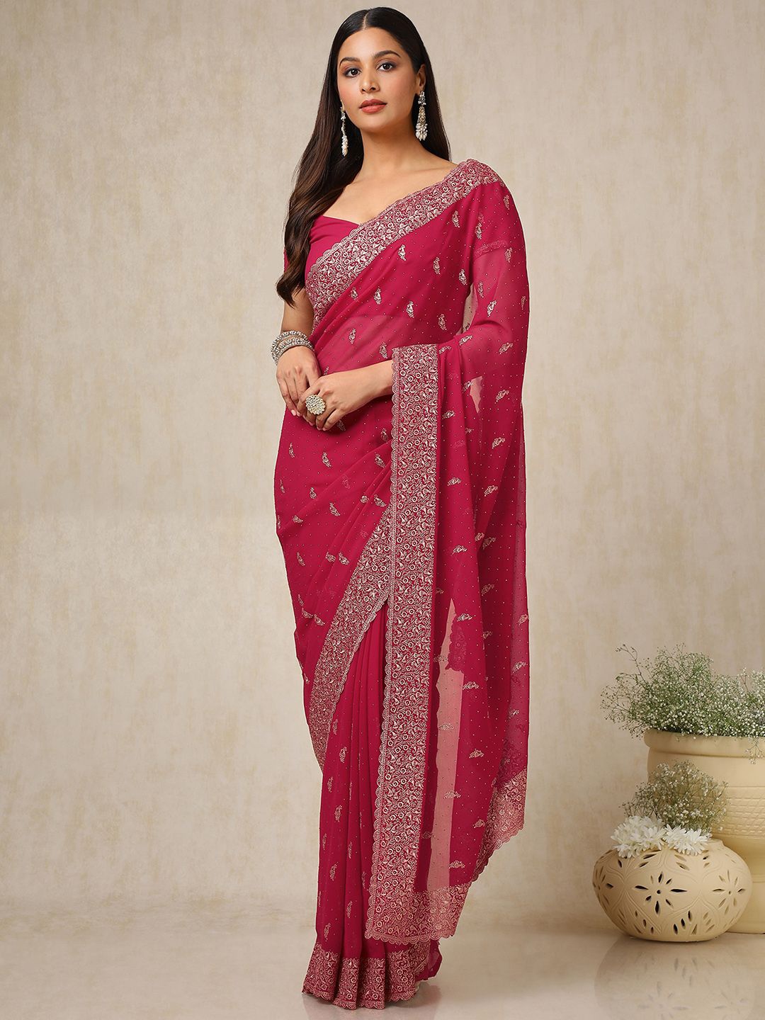 

Soch Embellished Beads and Stones Poly Georgette Saree, Red