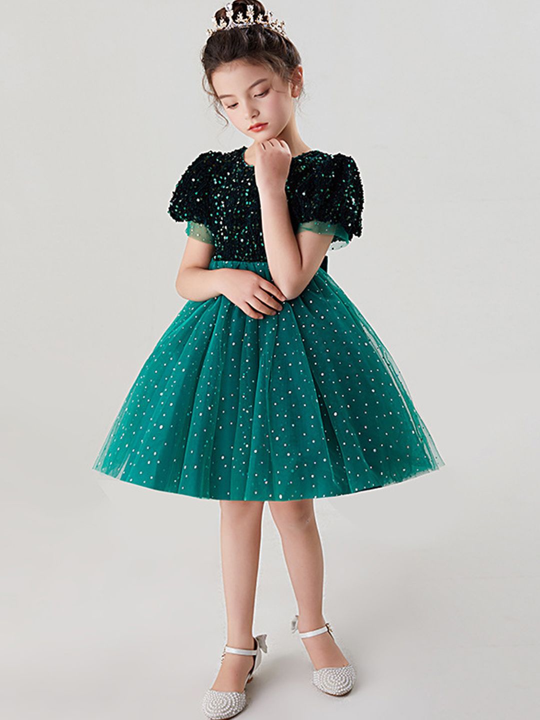 

Xsole Girls Polka Dot Printed Fit & Flare Dress, Green