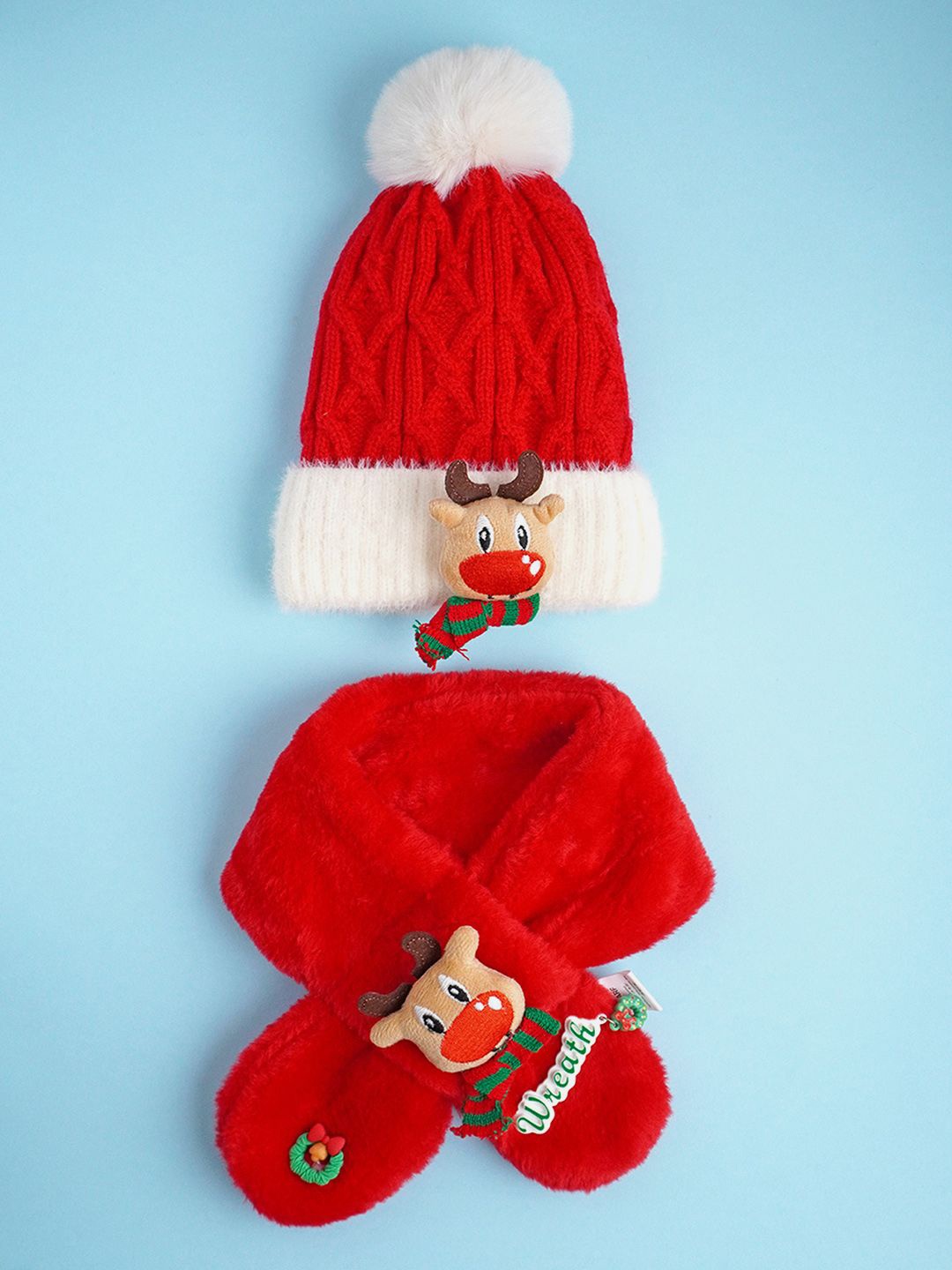 

Little Surprise Box LLP Kids Red Reindeer Themed Winter Cap Beanie With Neck Muffler