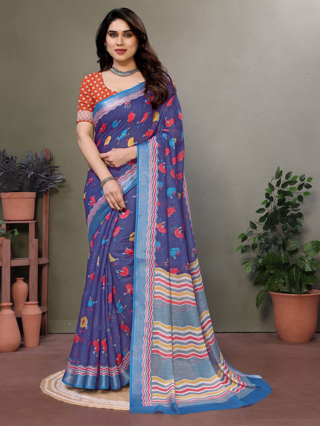 

vj fashion Ethnic Motifs Printed Zari Saree, Blue