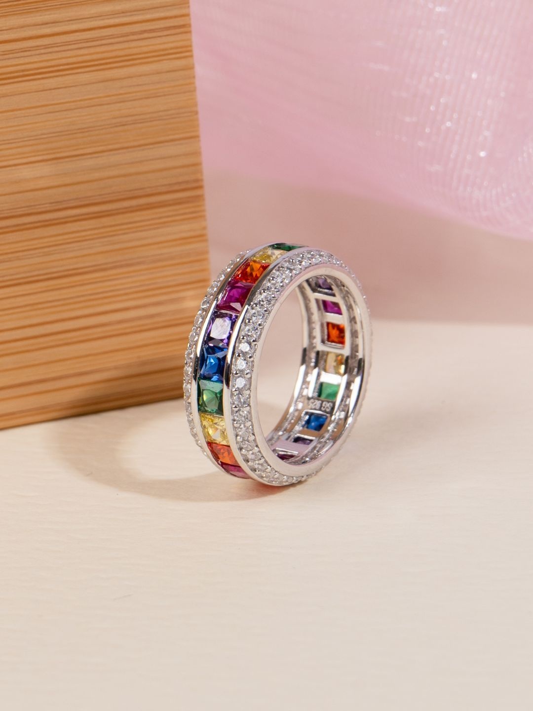 

GLYTERS 92.5 Sterling Silver Stone-Studded Rainbow Harmony Finger Ring