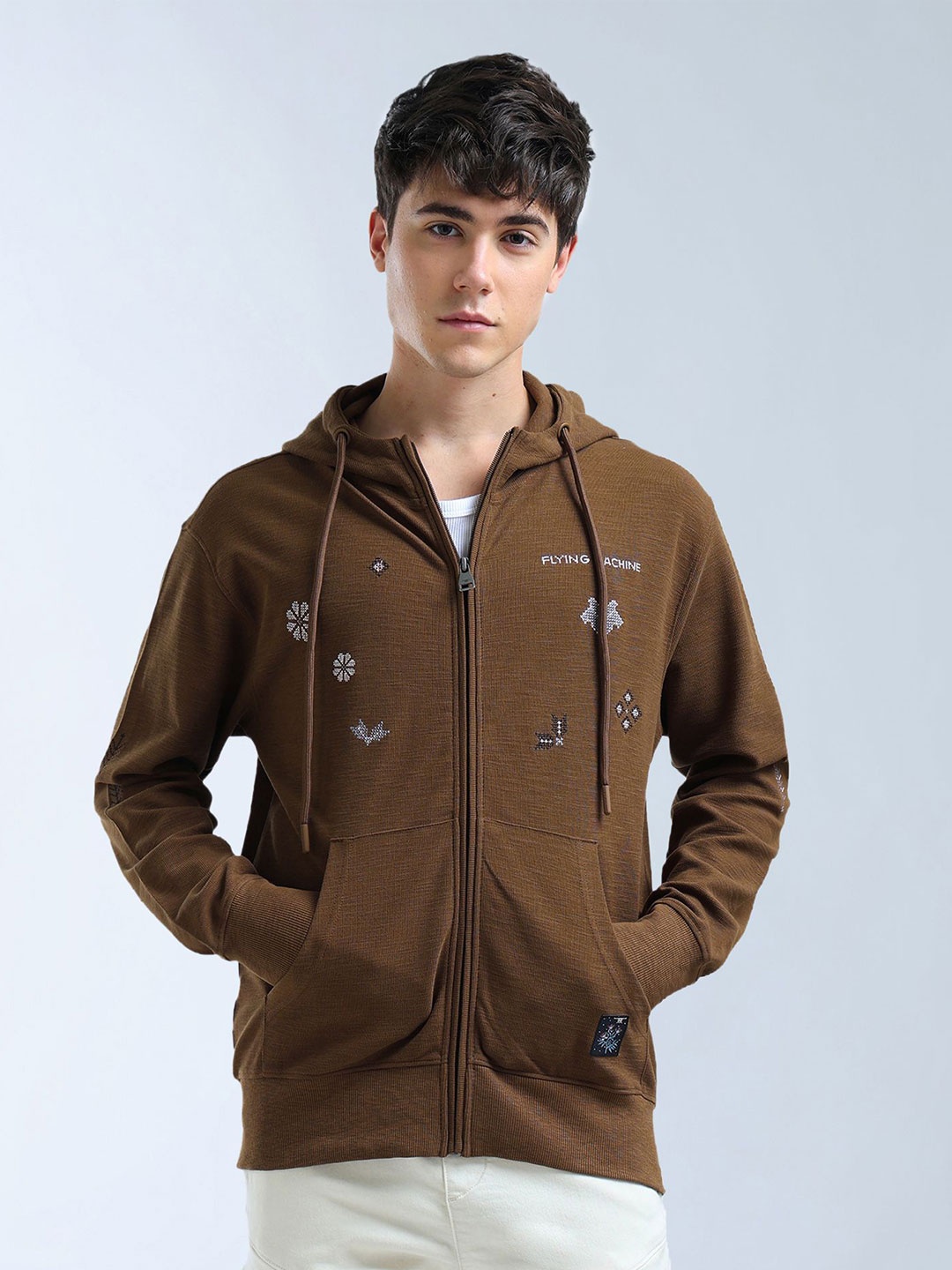 

Flying Machine Men Embroidered Hooded Cotton Sweatshirt, Brown