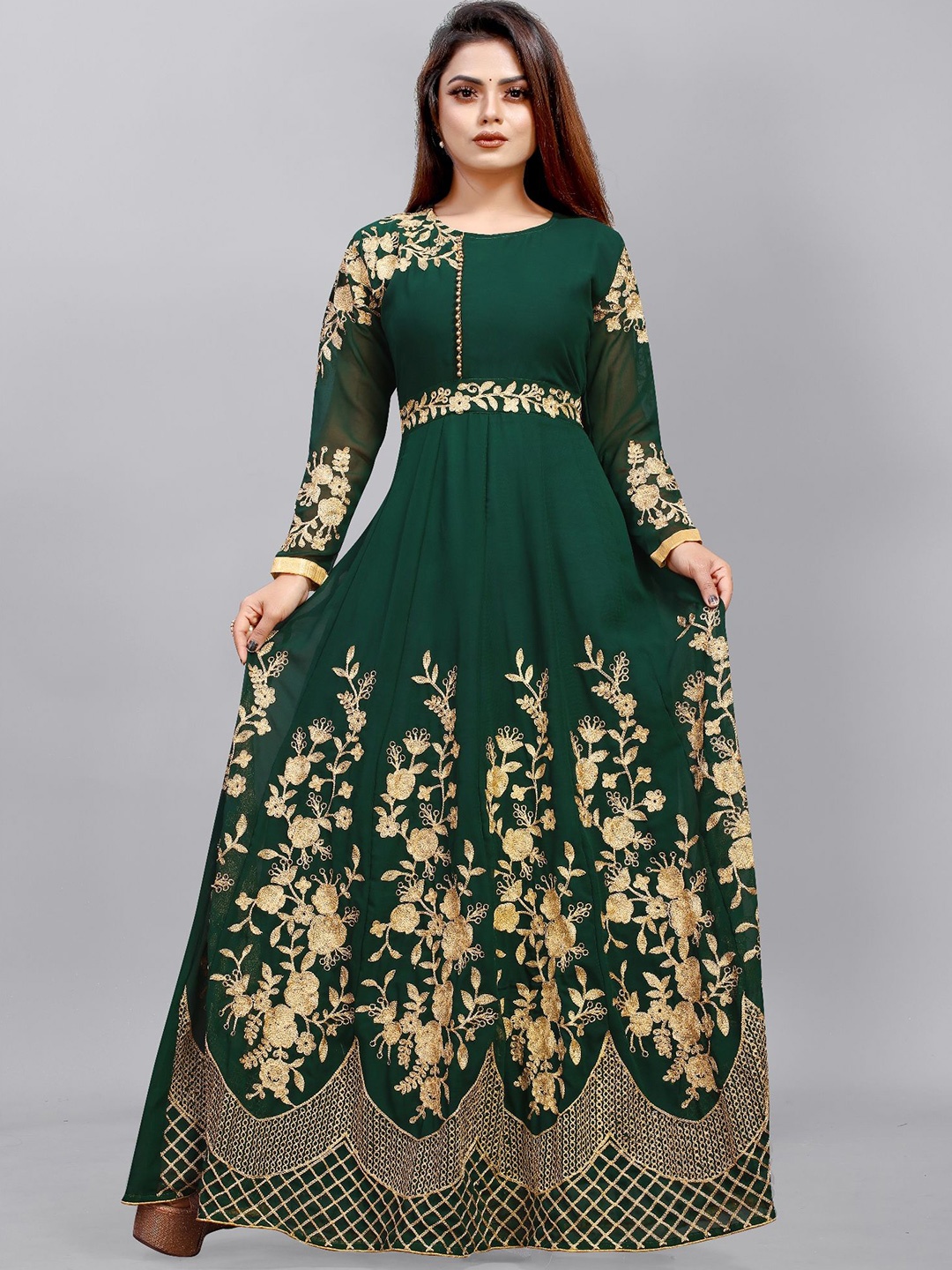 

A TO Z CART Women Ethnic Motifs Embroidered Fit & Flare Maxi Dress, Green