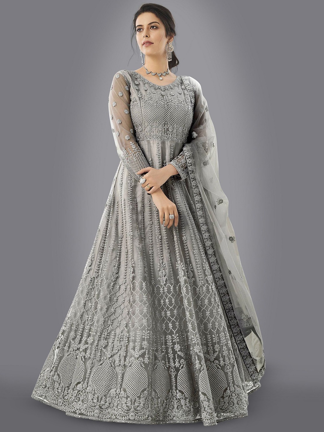 

A TO Z CART Women Ethnic Motifs Embroidered Gown Maxi Dress, Grey