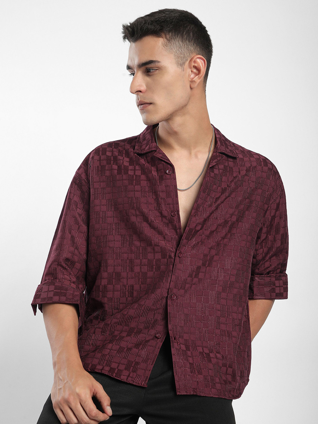 

Beyoung Men Cuban Collar Textured Casual Shirt, Maroon