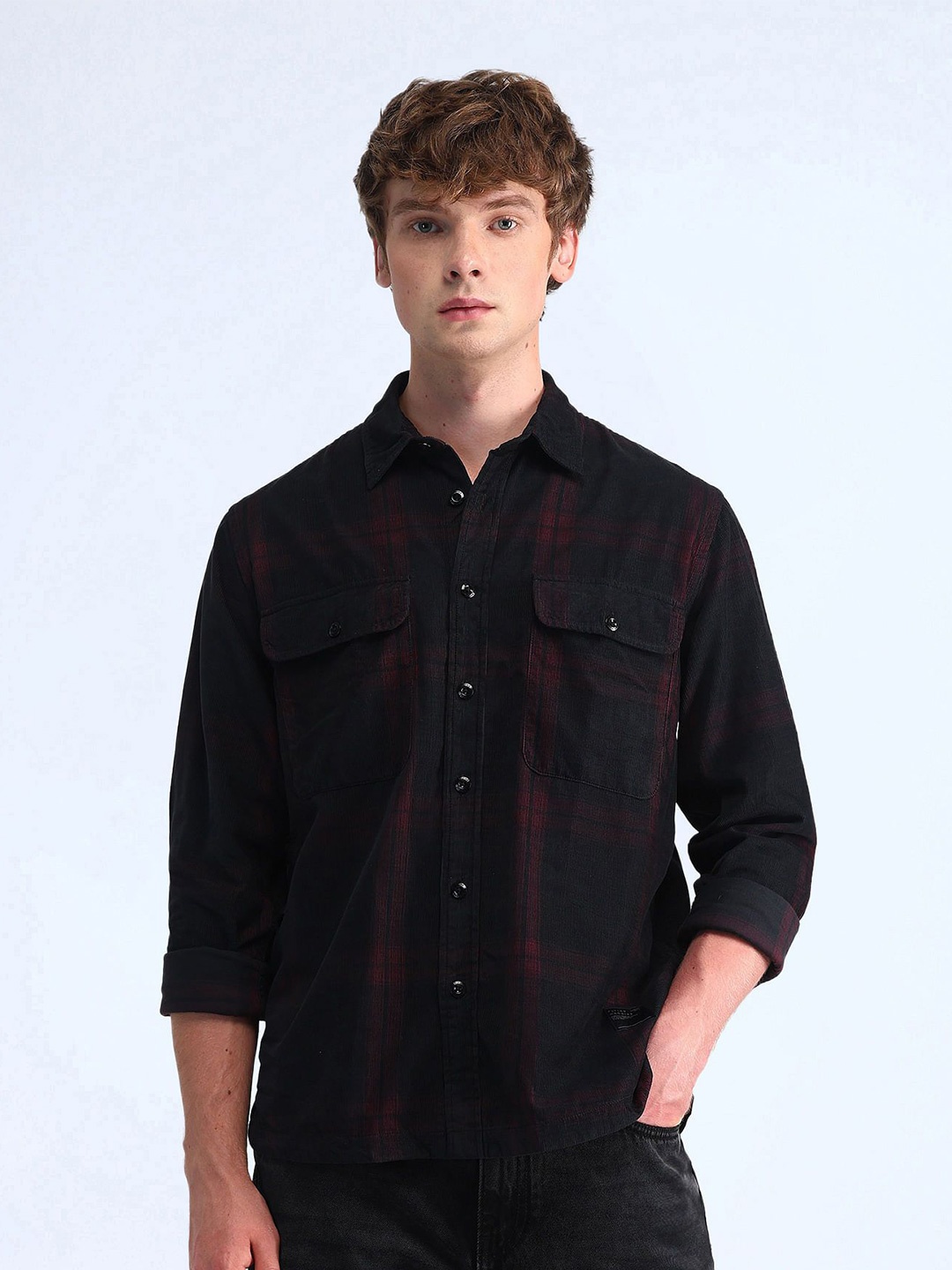 

Flying Machine Men Classic Boxy Fit Spread Collar Tartan Checked Cotton Casual Shirt, Red