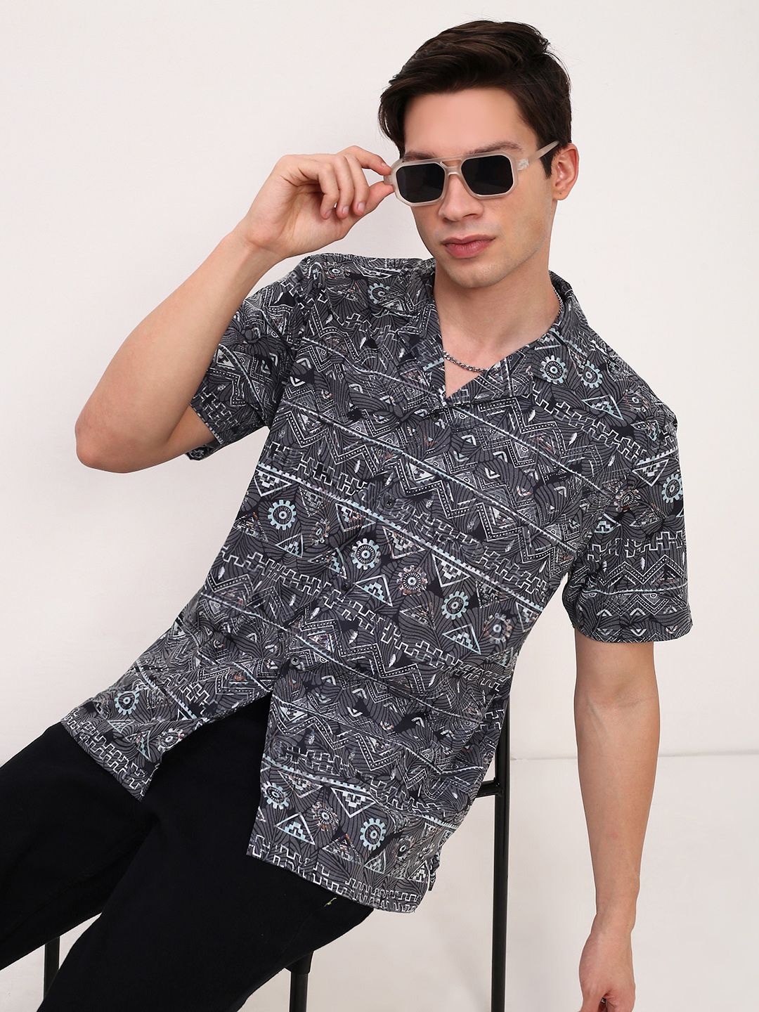 

SHOWOFF Men Comfort Fit Cuban Collar Abstract Printed Cotton Casual Shirt, Grey