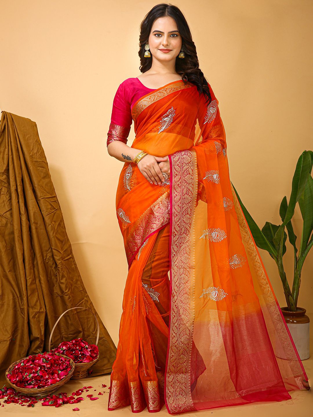 

Panzora Ethnic Motifs Embellished Sequinned Organza Saree, Orange