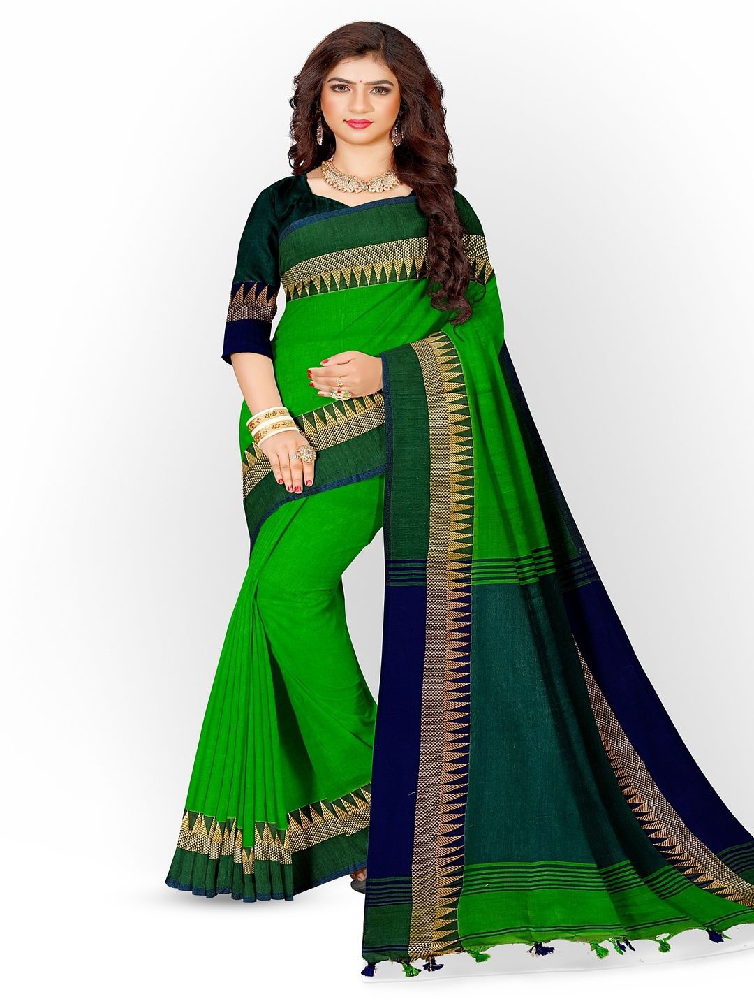 

BALARAM SAHA Zari Solid Printed Saree, Green