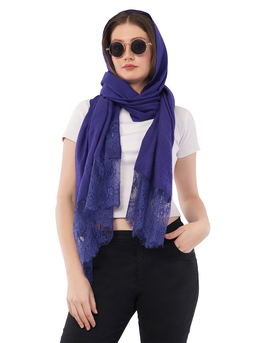 

Rhe-Ana Women Woollen Floral Lace Work Stole, Navy blue