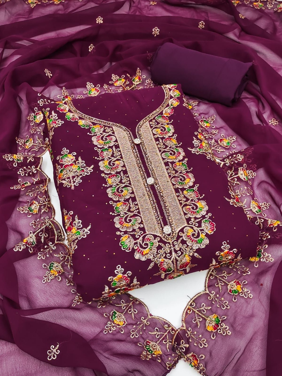 

ICCHIT FAL Floral Embroidered Unstitched Dress Material, Burgundy