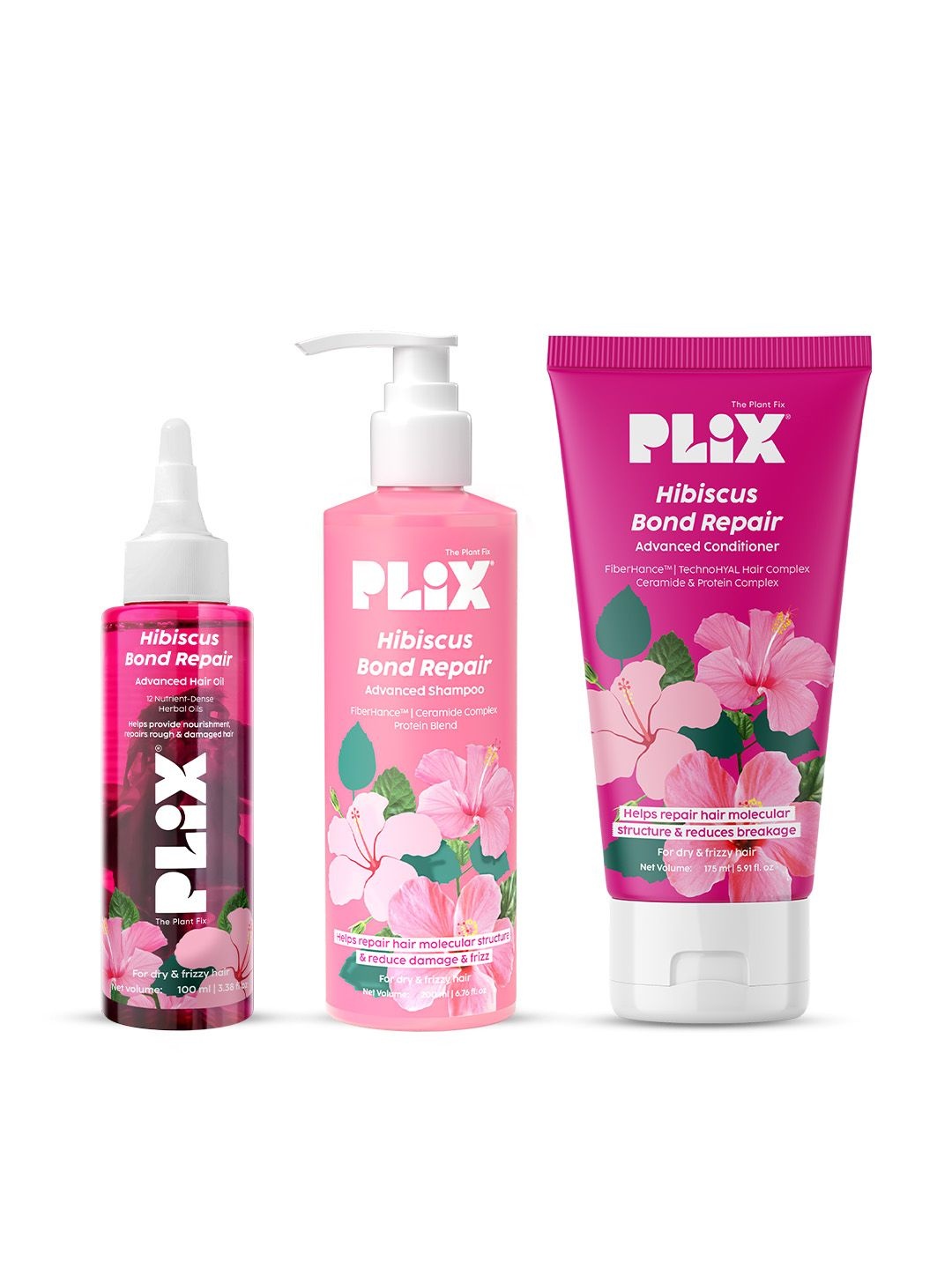 

PLIX THE PLANT FIX Set Of 3 Hibiscus Bond Repair Oil, Shampoo & Conditioner, Green