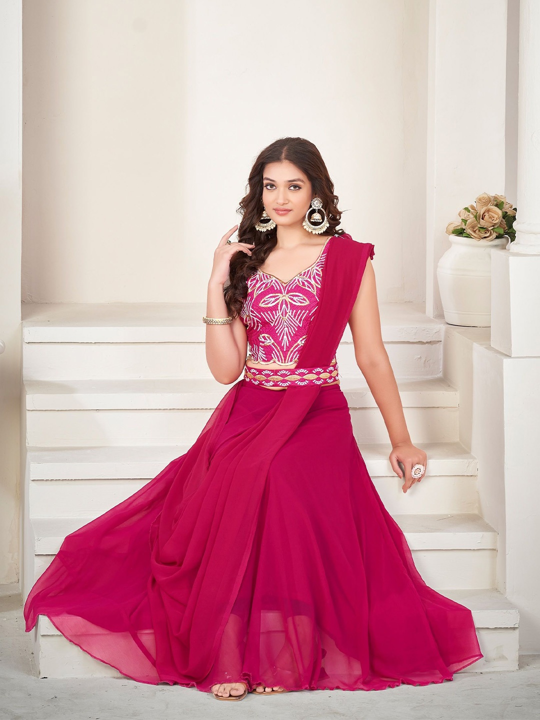 

KALINI Embroidered Thread Work Semi-Stitched Lehenga & Unstitched Blouse With Dupatta, Pink