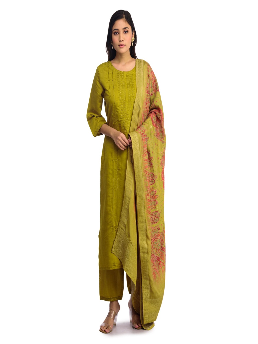 

ISHKIYA Floral Embroidered Beads And Stones Straight Kurta With Trousers And Dupatta, Green
