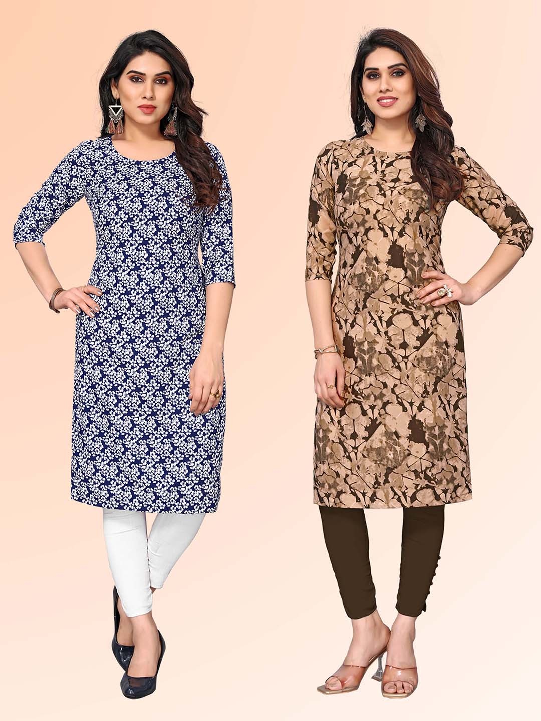 

KETAKI FASHION Selection Of 2 Floral Printed Round Neck Straight Kurtis, Navy blue