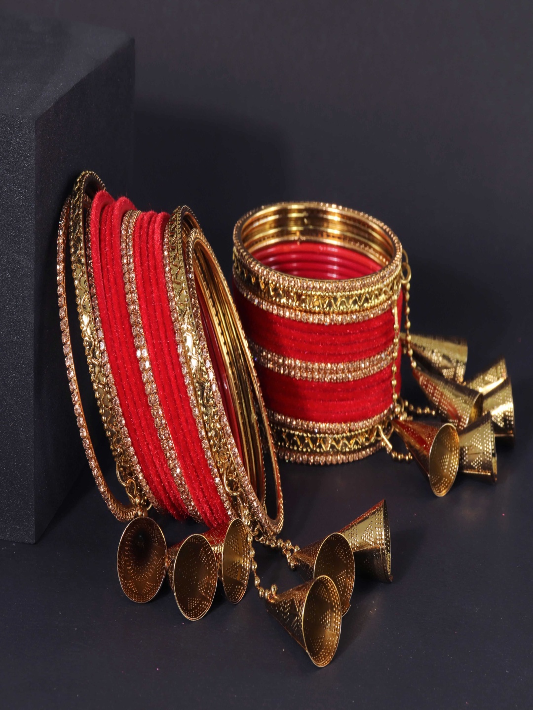 

ZULKA Set Of 32 Crystals & Zircon Diamond Velvet Finish Latkan Bangles, Red