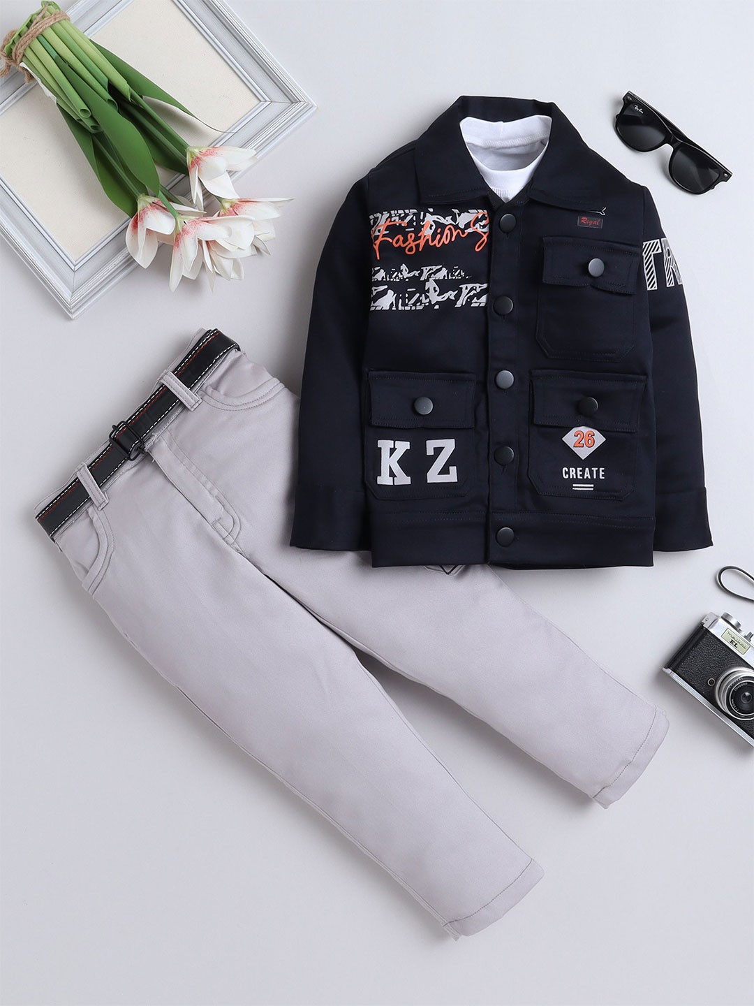 

FOURFOLDS Boys Printed Shirt Collar Jacket With Trouser & T-Shirt, Navy blue