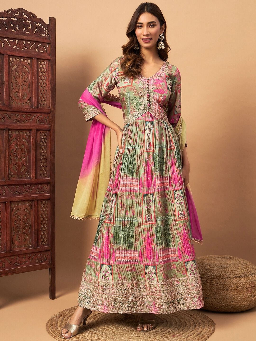 

Chhabra 555 Digital Print Pleated Gown Maxi Ethnic Dresses With Ombre Dupatta, Green