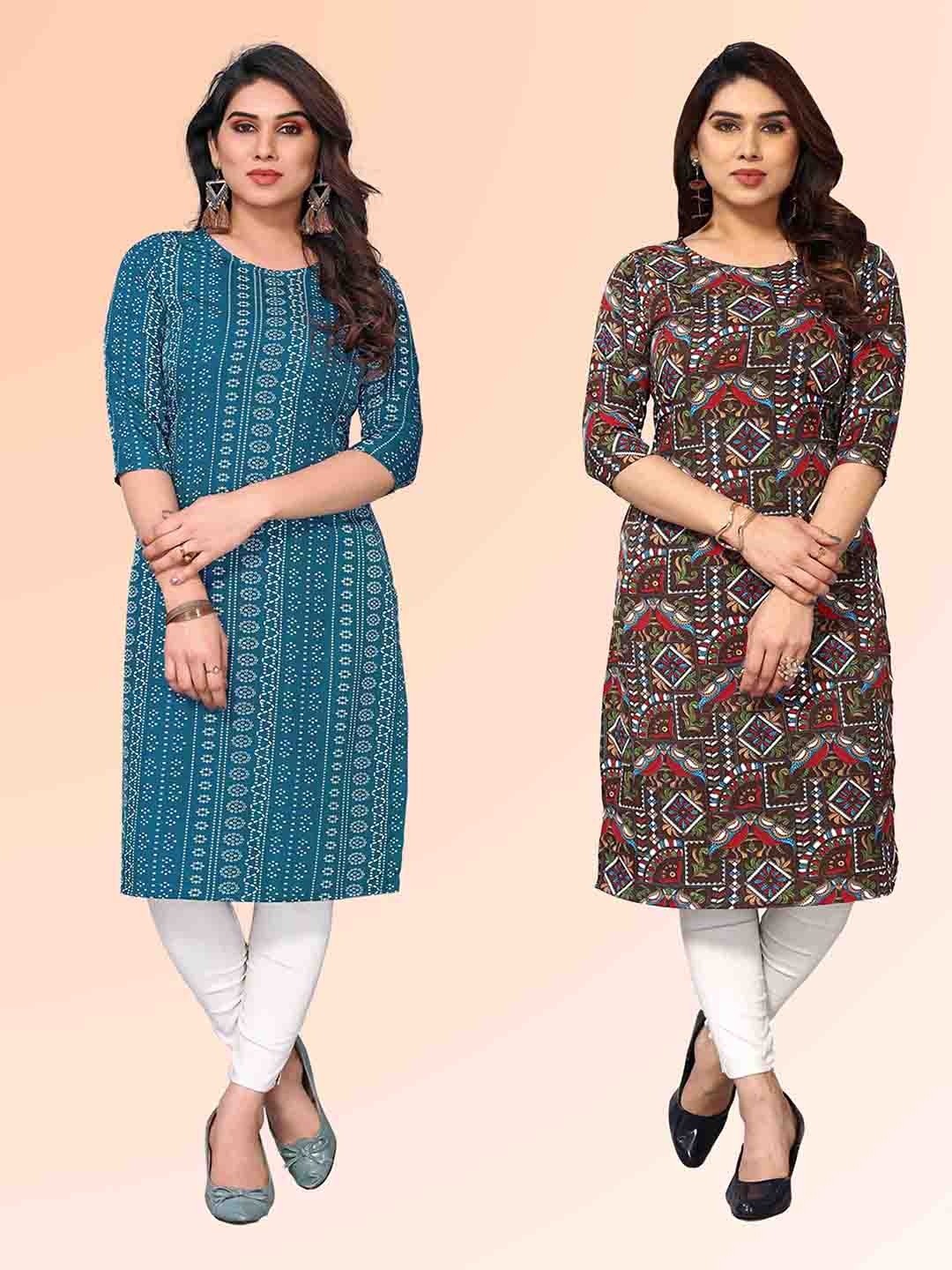 

KETAKI FASHION Selection Of 2 Bandhani Printed Round Neck Straight Kurtas, Blue