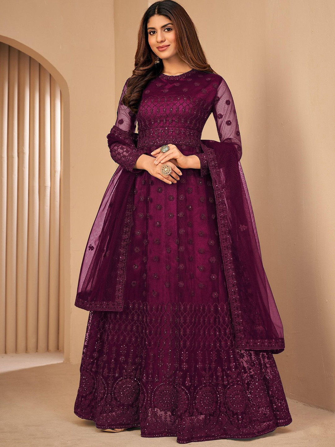 

A TO Z CART Floral Embroidered Net Maxi Ethnic Dress With Dupatta, Magenta