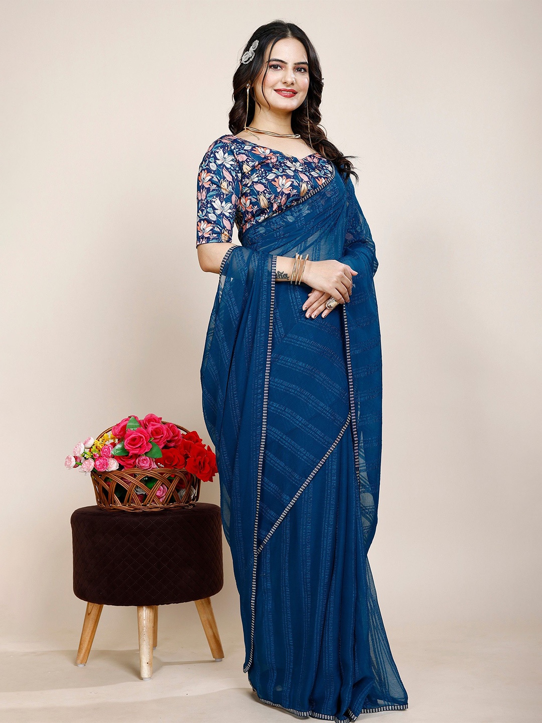 

K 5 Fashion Striped Pure Chiffon Saree, Teal