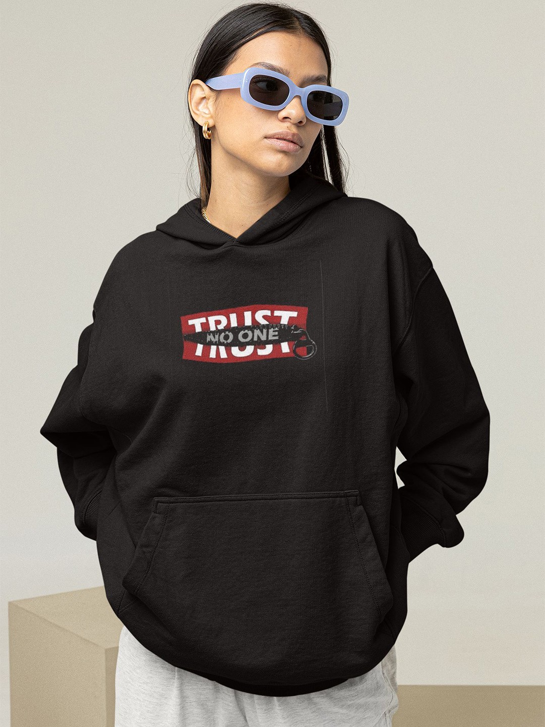 

TheBTclub Women Typography Printed Trust No One Hooded Sweatshirt, Black