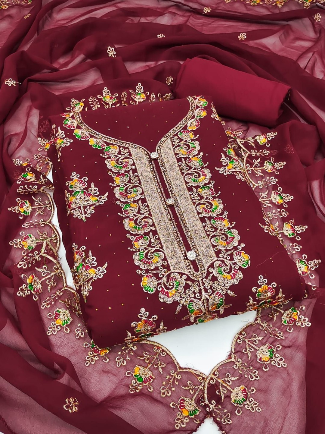 

ICCHIT FAL Floral Embroidered Unstitched Dress Material, Maroon