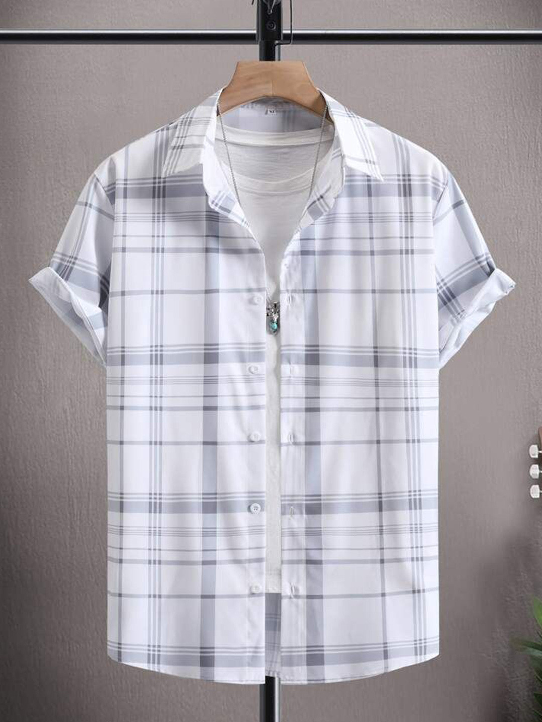

WOXEN Men Original Fit Spread Collar Checked Casual Shirt, White